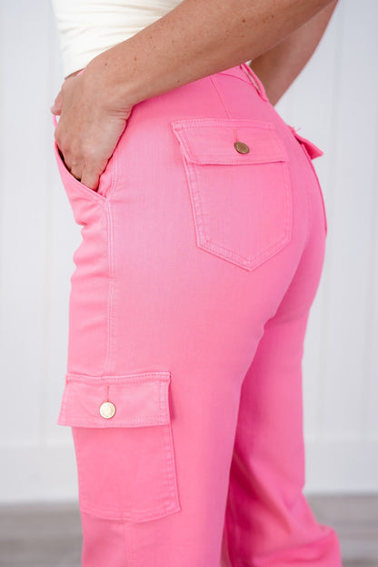 Judy Blue High Rise Pink Garment Dyed Cargo Straight Leg Jeans