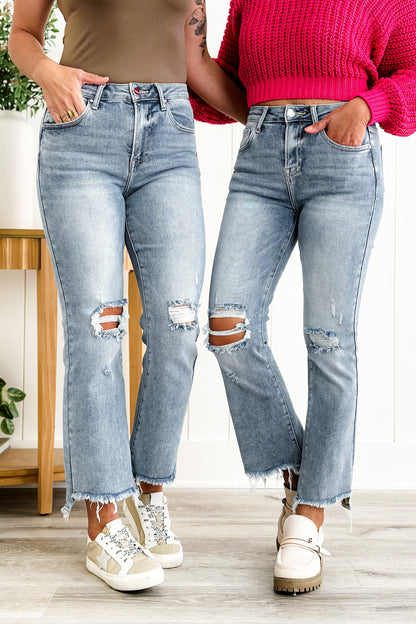 Risen Stella Babe High Rise Light Wash Cropped Distressed Flare Jeans