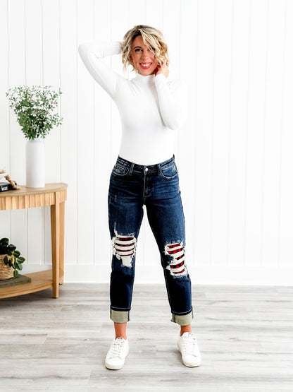 Judy Blue Warm and Cozy Mid Rise Dark Wash Boyfriend Buffalo Plaid Knee Destroy Patches With Cuff Jeans