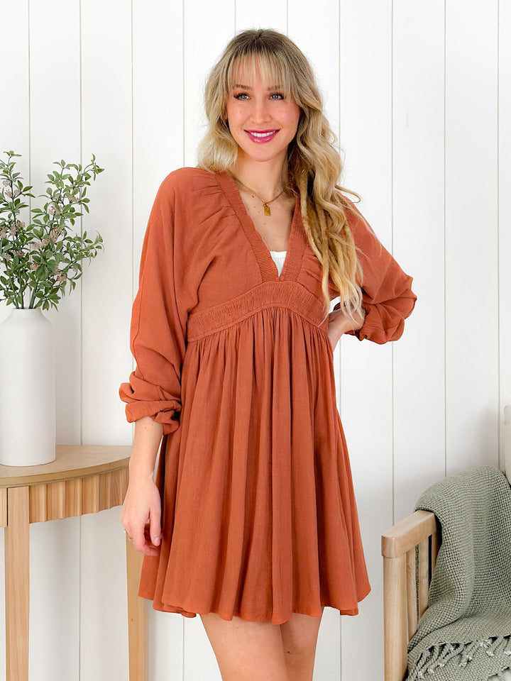 Long Dolman Sleeve V Neck Mini Dress (Multiple Colors)