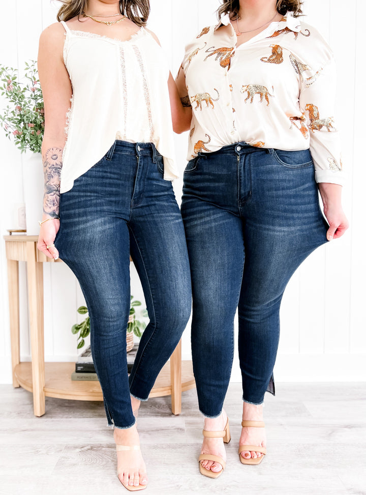 Judy Blue Dark Wash High Rise Side Slit Raw Hem Skinny Jeans