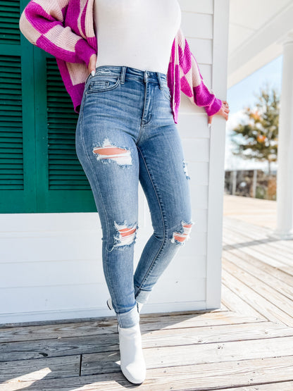 Judy Blue Skyscraper Long Tall Medium Wash Distressed Skinnies 34"!!!!