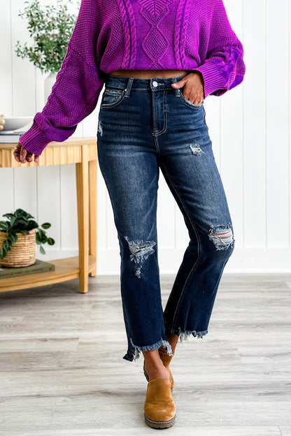 Risen High Rise Dark Wash Crop Step Chew Jeans