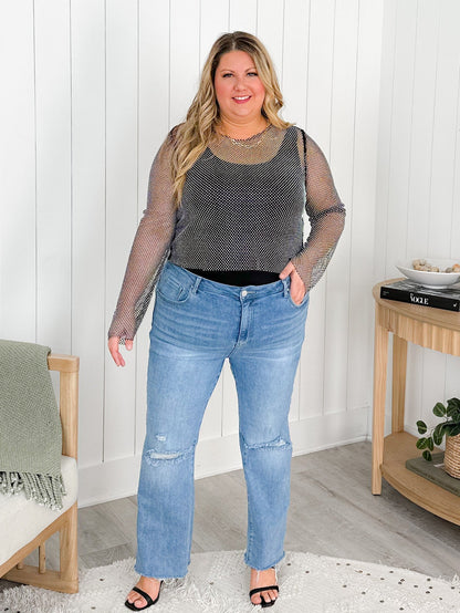 Metallic Rhinestone Mesh Long Sleeve Top (Multiple Colors)