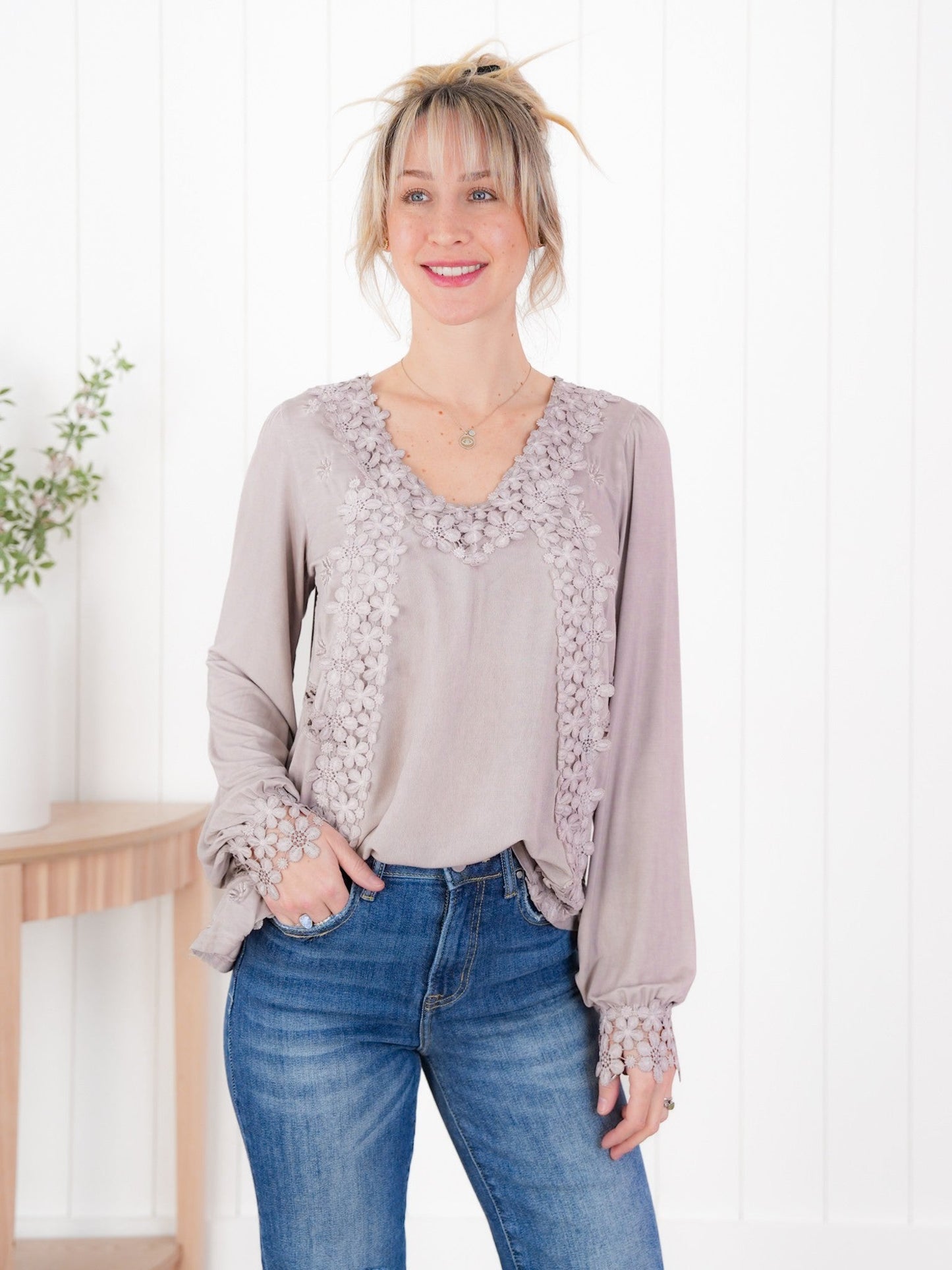 Restocks! POL Floral Embroidered Long Sleeve V-Neck Top (Multiple Colors)