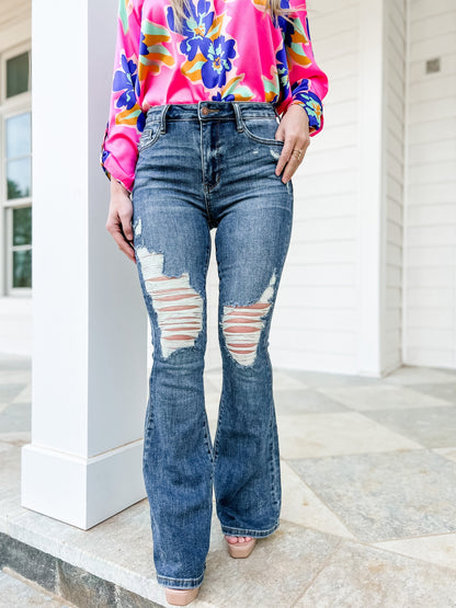 Judy Blue Country Roads Medium Wash Mid Rise Distressed Flare Long Inseam Jeans
