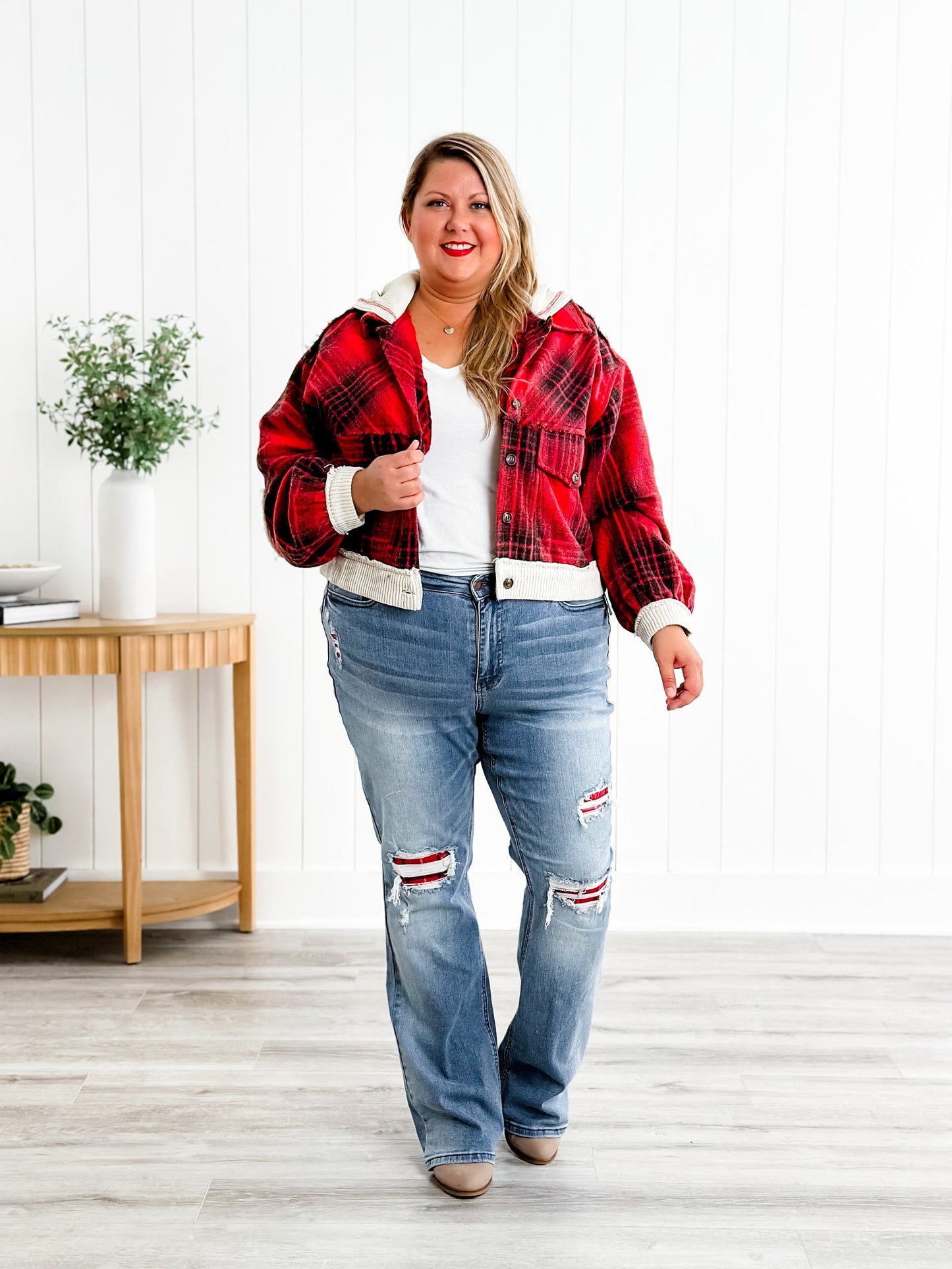 Judy Blue Plaid for You Mid Rise Medium Wash Bootcut Jeans With Patch Detail
