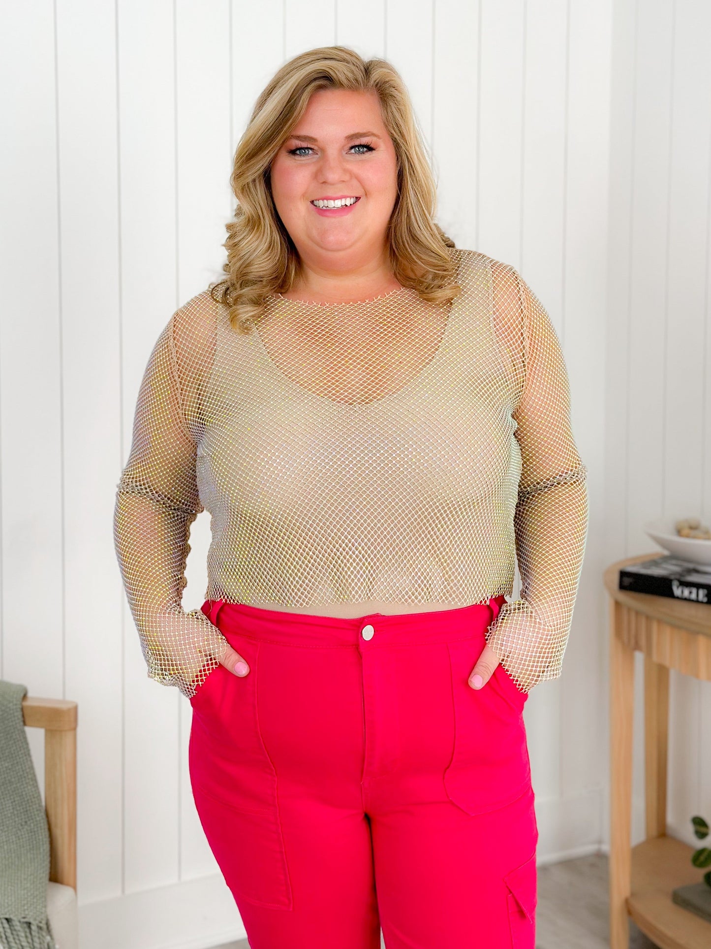 Metallic Rhinestone Mesh Long Sleeve Top (Multiple Colors)