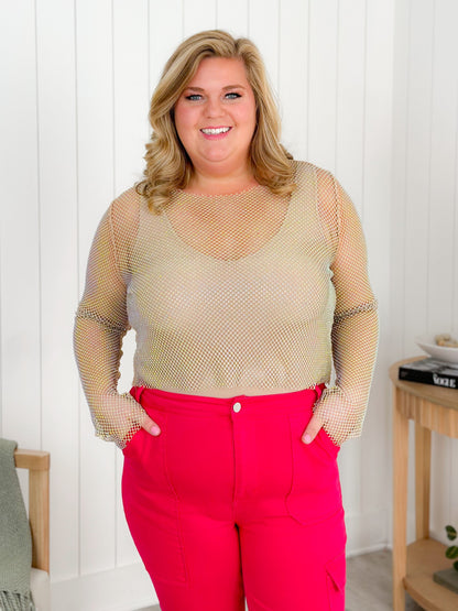 Metallic Rhinestone Mesh Long Sleeve Top (Multiple Colors)