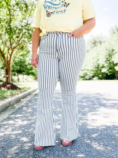 Judy Blue Long Inseam White Pinstripe Super Flare Jeans