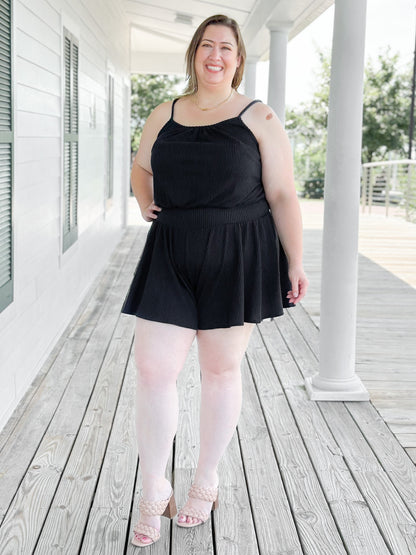 Plus/Reg Sleeveless Rib Knit Romper With Elastic Waist