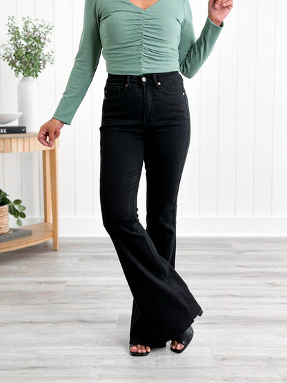 Judy Blue High Rise Black Tummy Control Cut Hem Flare Jeans
