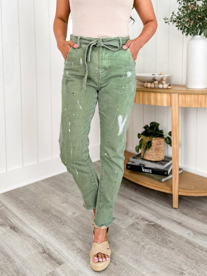 Risen Vintage Paint Splattered Slouch 100% Cotton Olive Pants