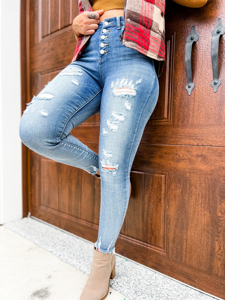 Judy Blue Wish Upon a Star  Medium Wash Distressed Skinny Button Fly Jeans