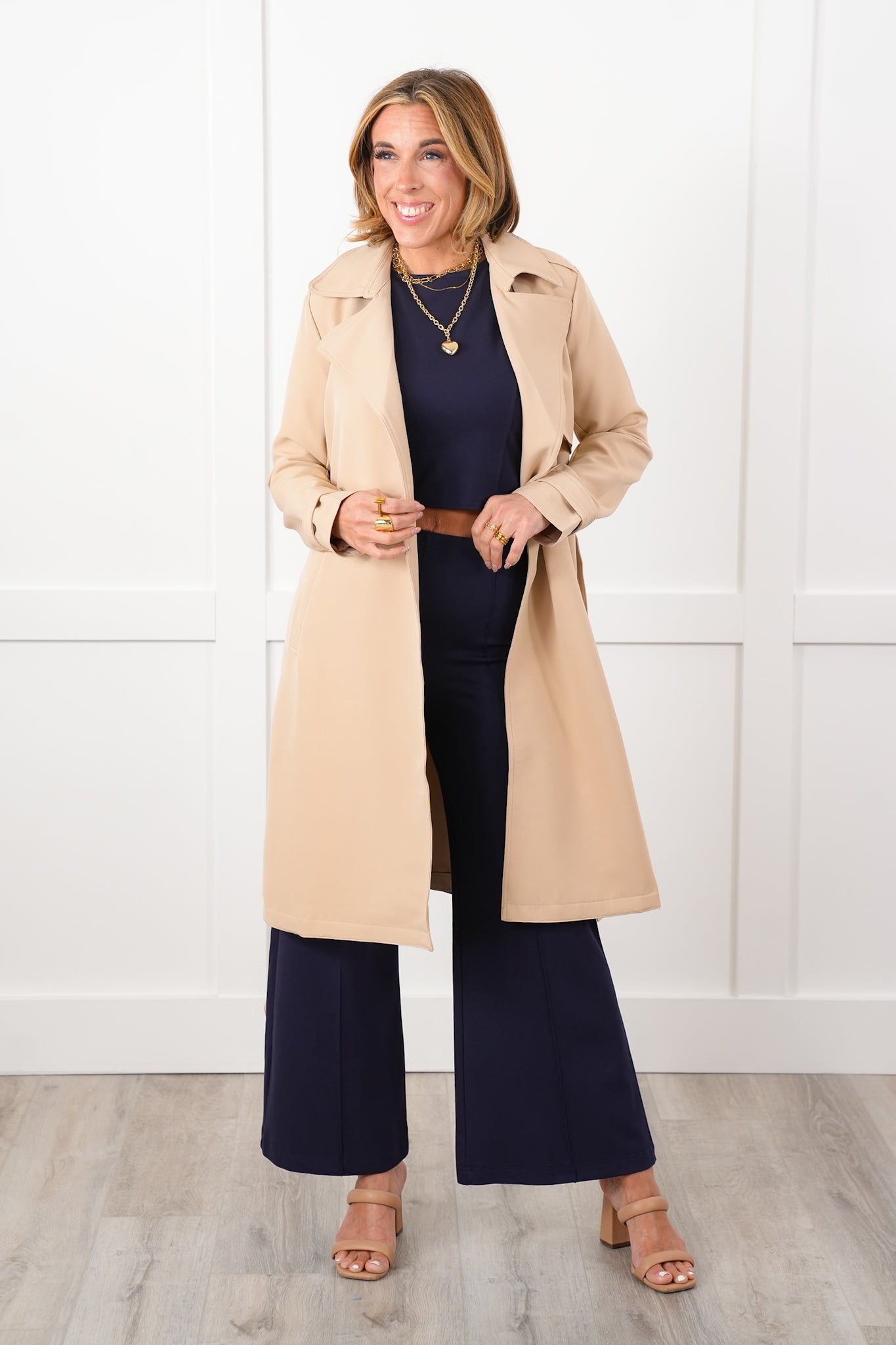 Long Sleeve Open Front Belted Trench Coat