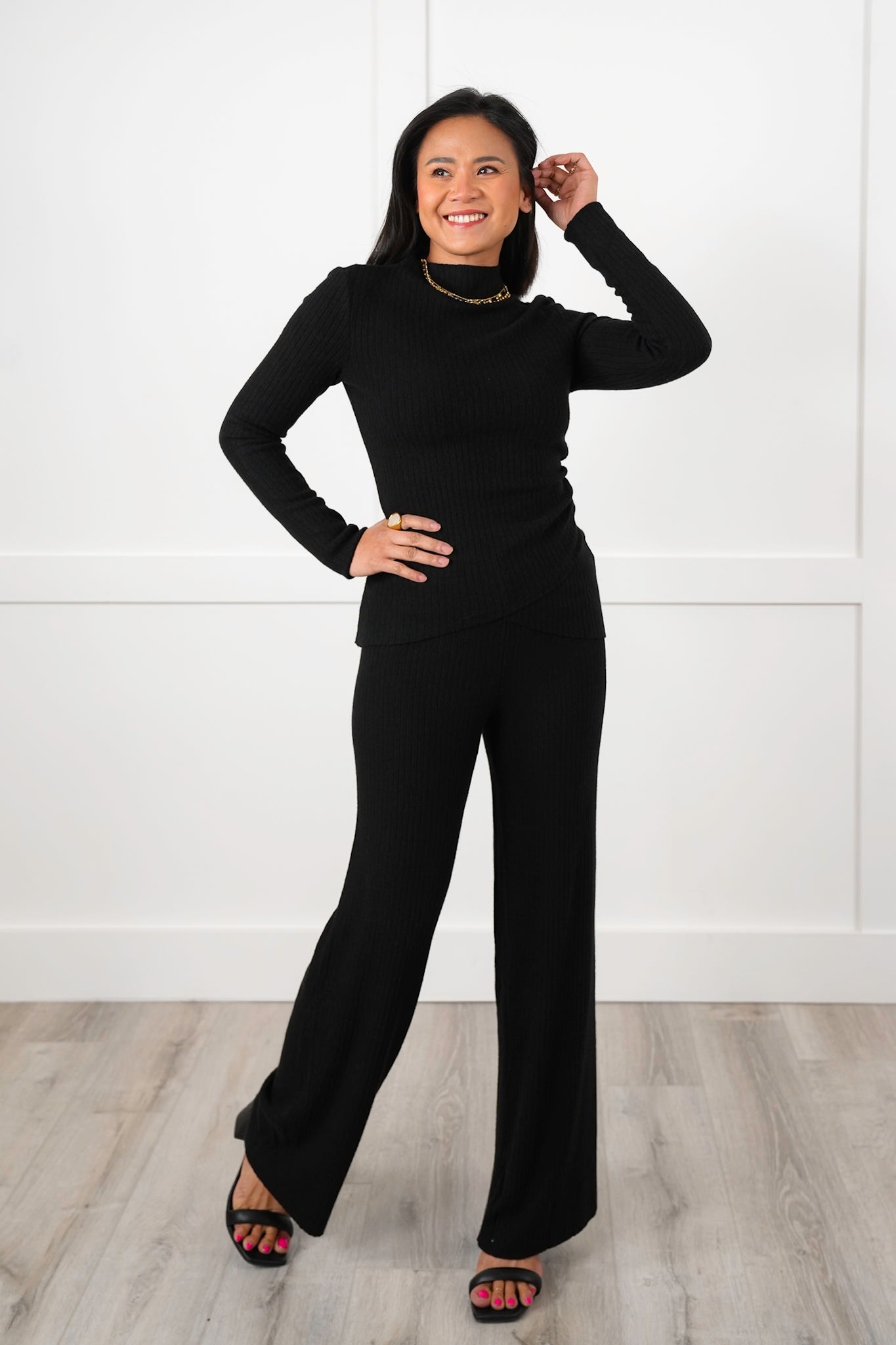 Ribbed Knit Long Sleeve Top and Wide Leg Pants Set