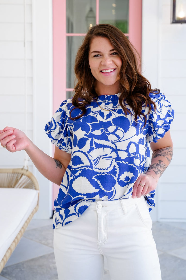 Abstract Floral Print Short Balloon Sleeve Top