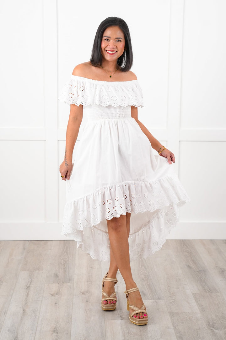 Sleeveless Eyelet Ruffle Smocked Bodice Hi Low Dress