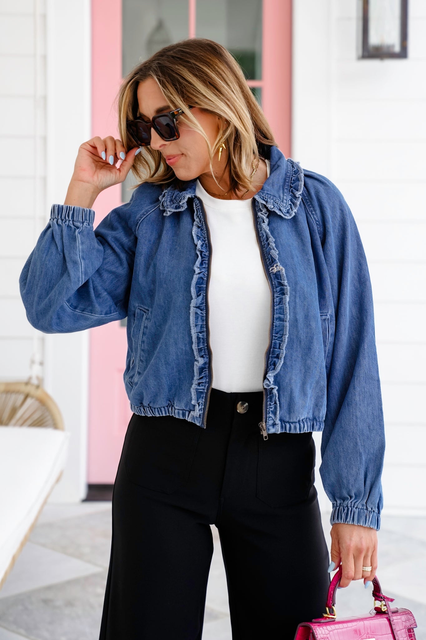 Long Sleeve Zip Up Bomber Jacket With Ruffle Detail