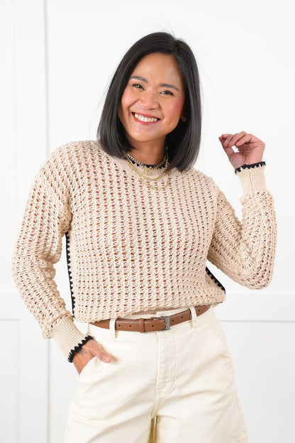 Plus/Reg Natural Loose Knit Long Sleeve Pullover Top with Trim Detail
