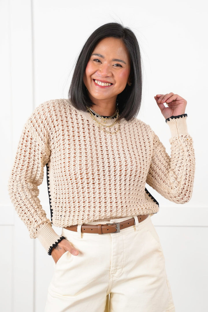 Plus/Reg Natural Loose Knit Long Sleeve Pullover Top with Trim Detail