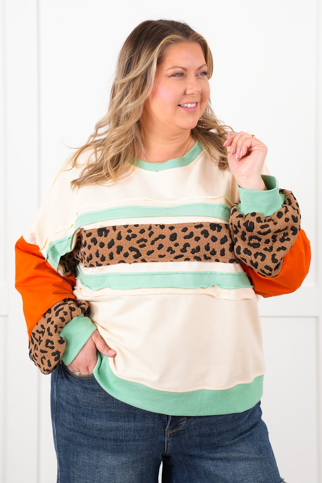 Color Block Long Sleeve Pullover Top with Leopard Detail