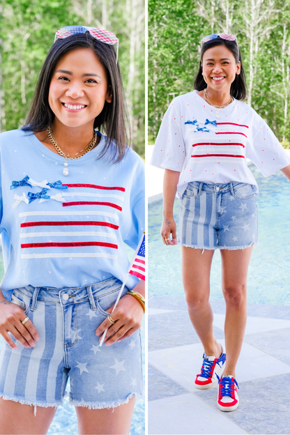 Short Sleeve Ribbon American Flag Top with Bow Detail