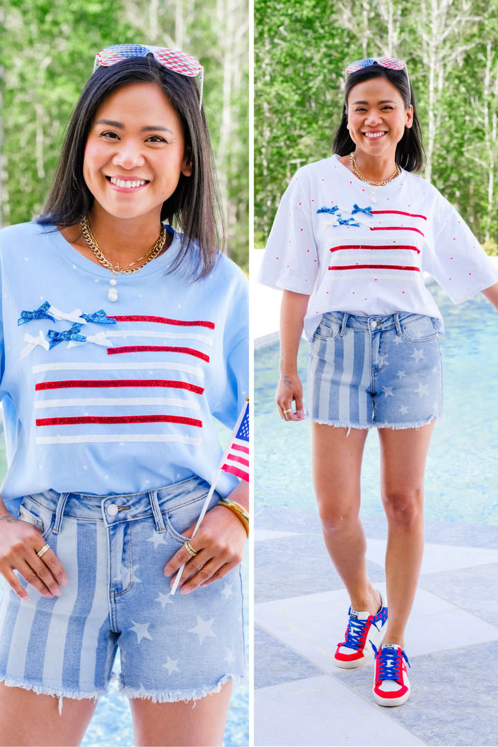 Short Sleeve Ribbon American Flag Top with Bow Detail