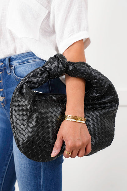 Black Vegan Leather Woven Hobo Bag