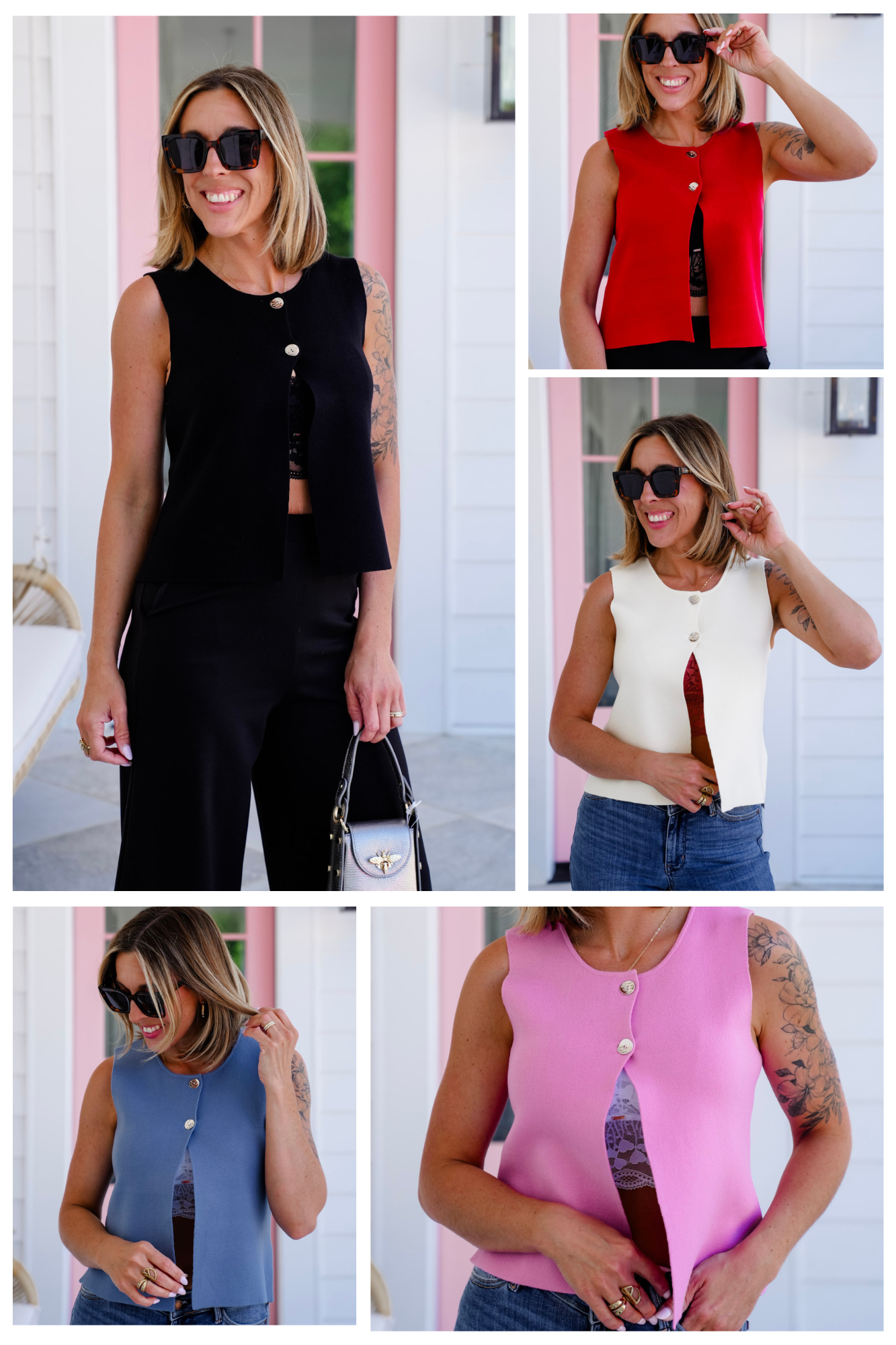 Solid Knit Sweater Vest with Button Detail
