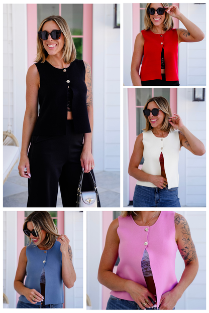 Solid Knit Sweater Vest with Button Detail