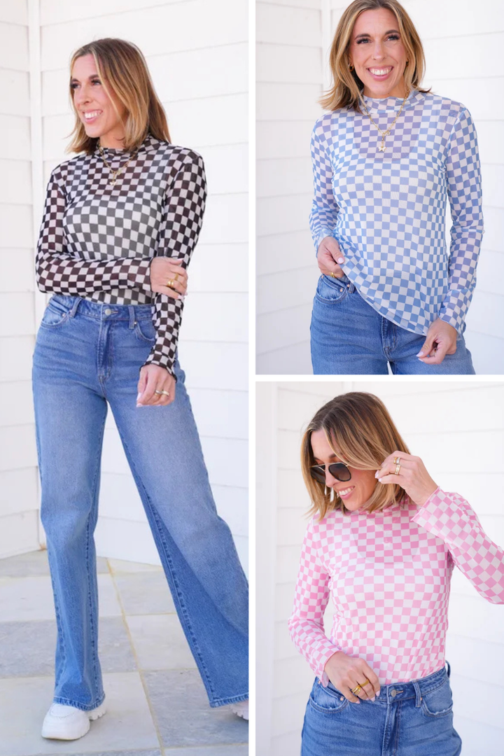 Plus/Reg Checkered Mesh Long Sleeve Mock Neck Top