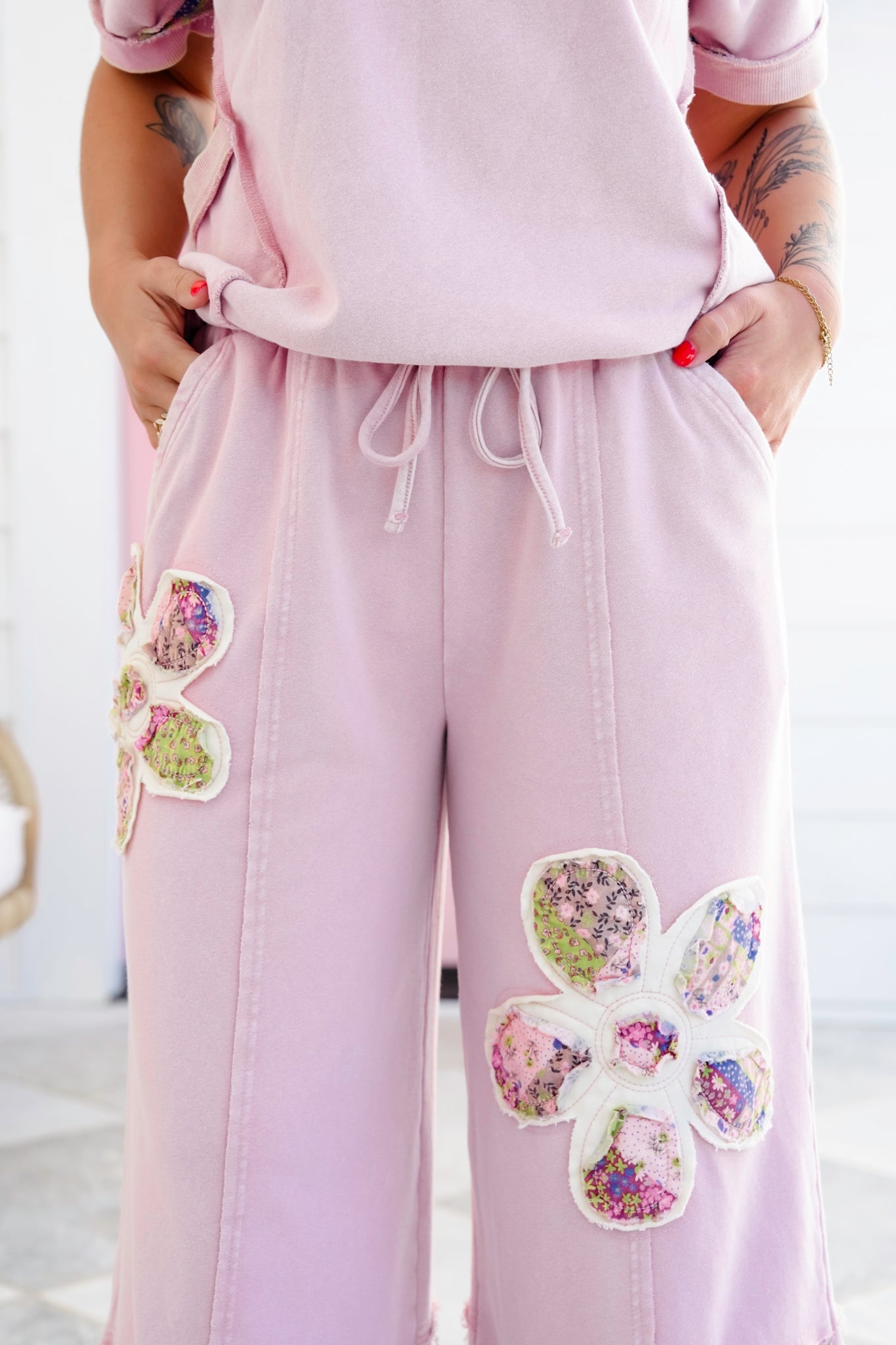 Mineral Washed Elastic Waistband Pants with Floral Patch Detail