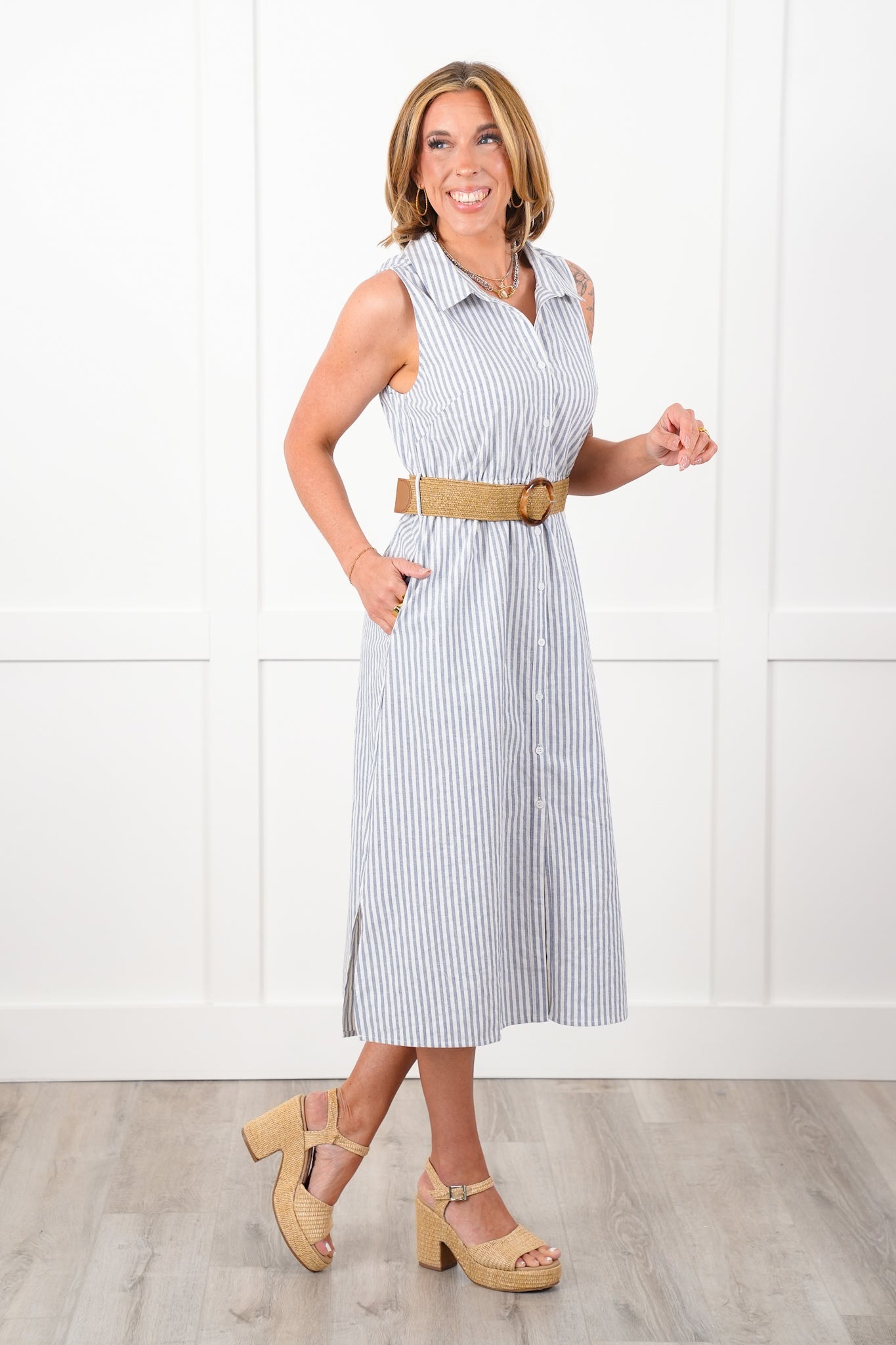 Plus/Reg Sleeveless Stripe Button Down Belted Maxi Dress