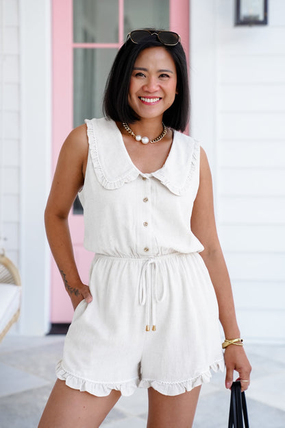 Linen Blend Sleeveless Half Button Up Romper with Peter Pan Collar