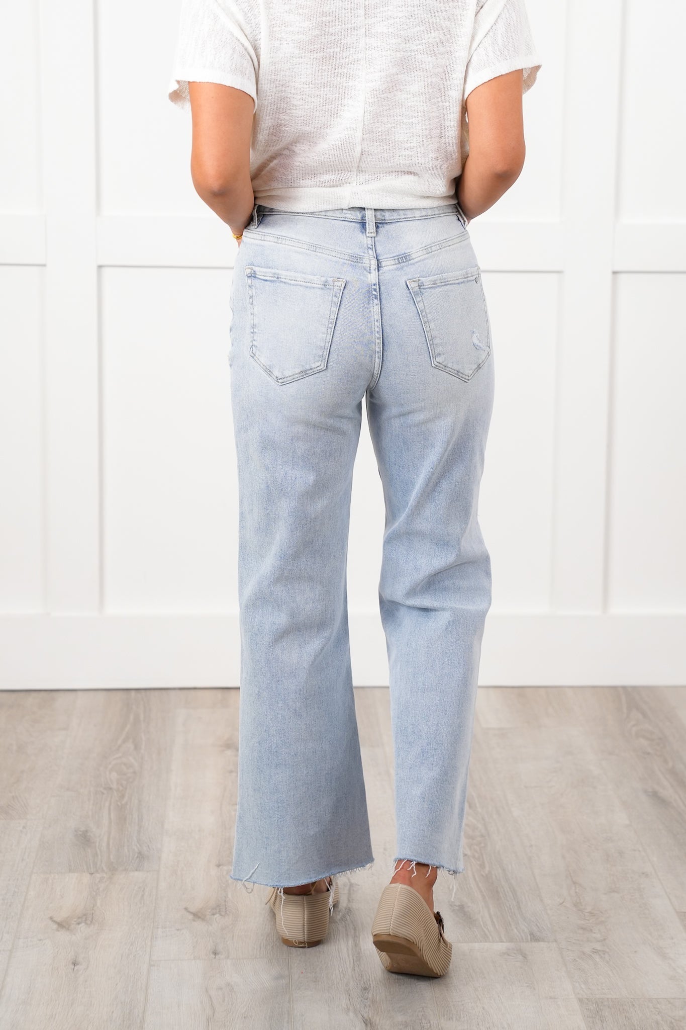 Mica High Rise Light Wash Raw Hem Wide Leg Jeans