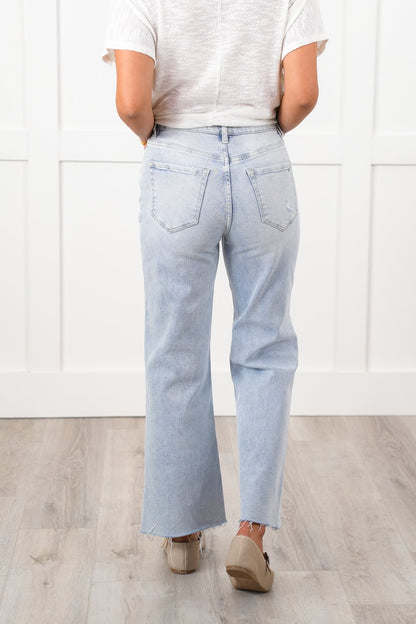 Mica High Rise Light Wash Raw Hem Wide Leg Jeans