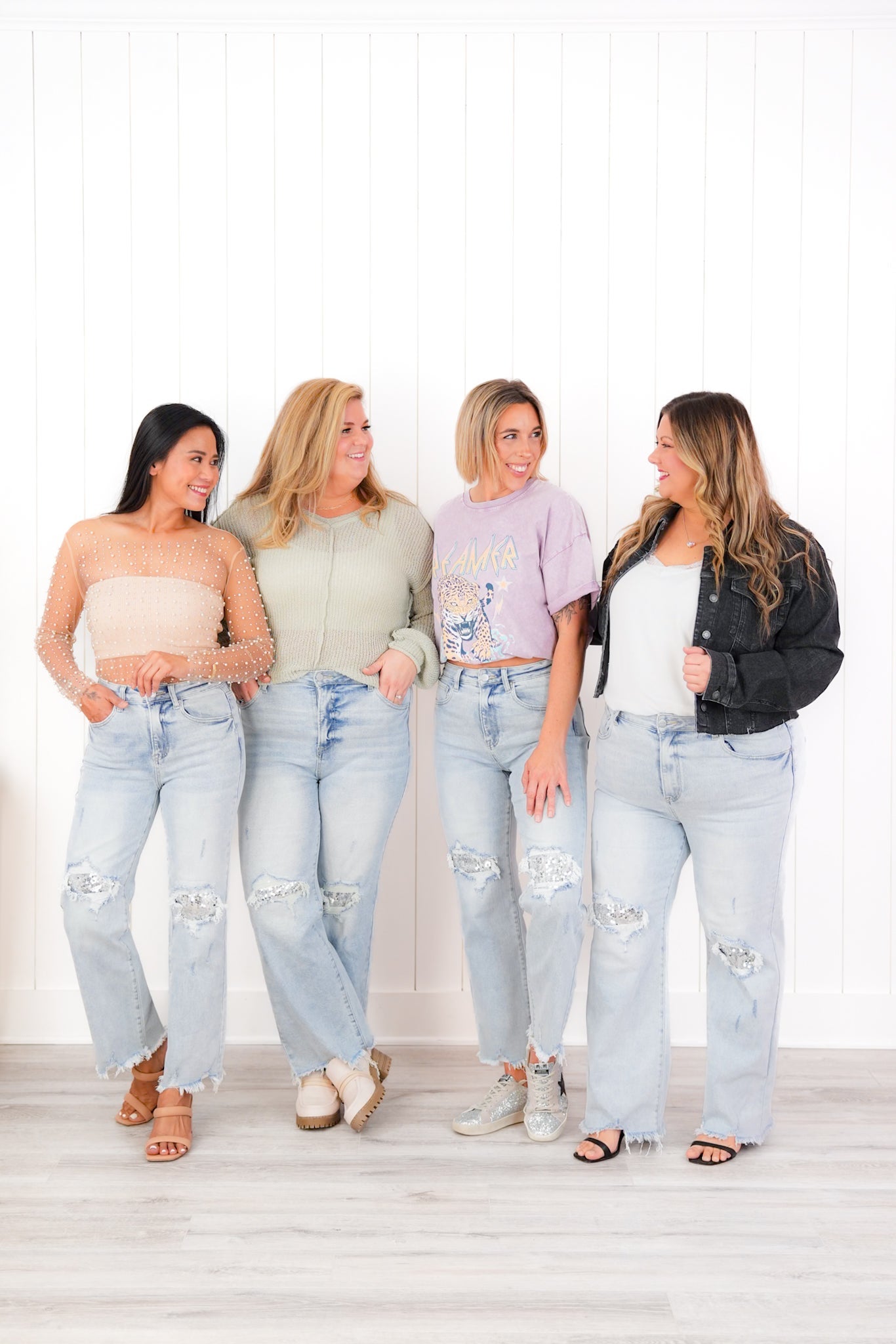 Risen High Rise Acid Wash Sequin Knee Patches Relaxed Straight Leg Jeans