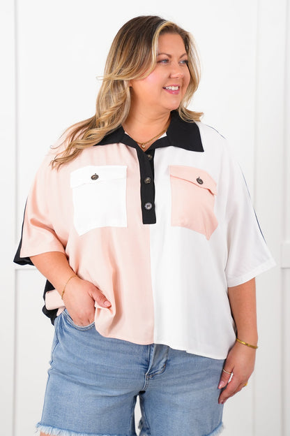 Color Block Short Dolman Sleeve Button Up Top