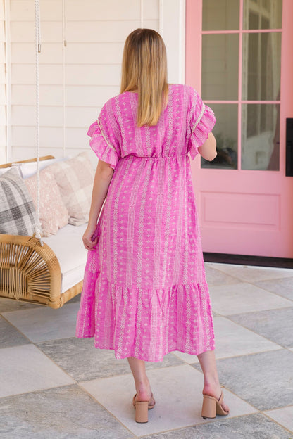 Embroidered Boho Short Ruffle Sleeve Midi Dress