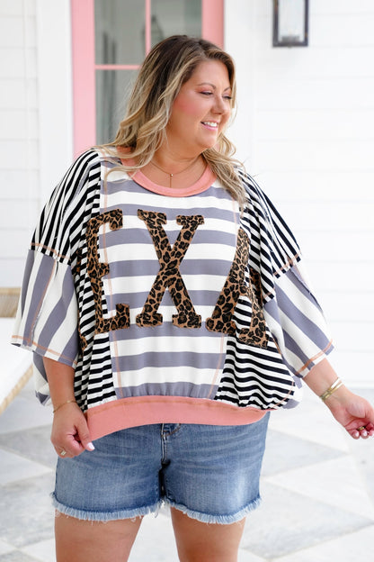 Stripe Short Dolman Sleeve "Texas" Leopard Patchwork Top