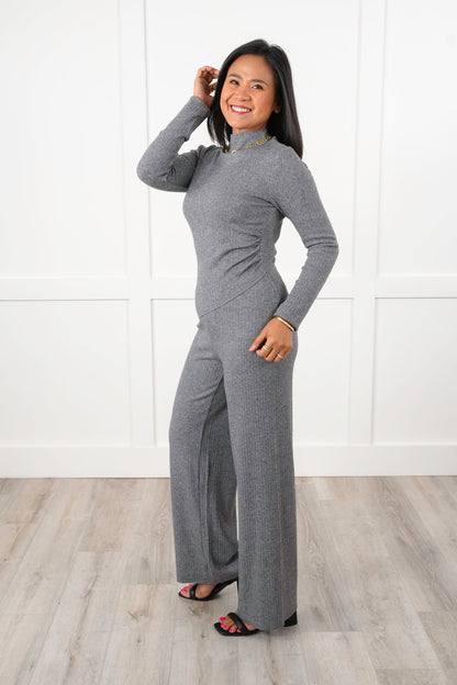 Ribbed Knit Long Sleeve Top and Wide Leg Pants Set