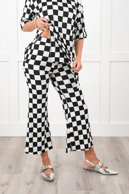 Plus/Reg Ribbed Checkered Short Sleeve Tunic Top and Pants Set