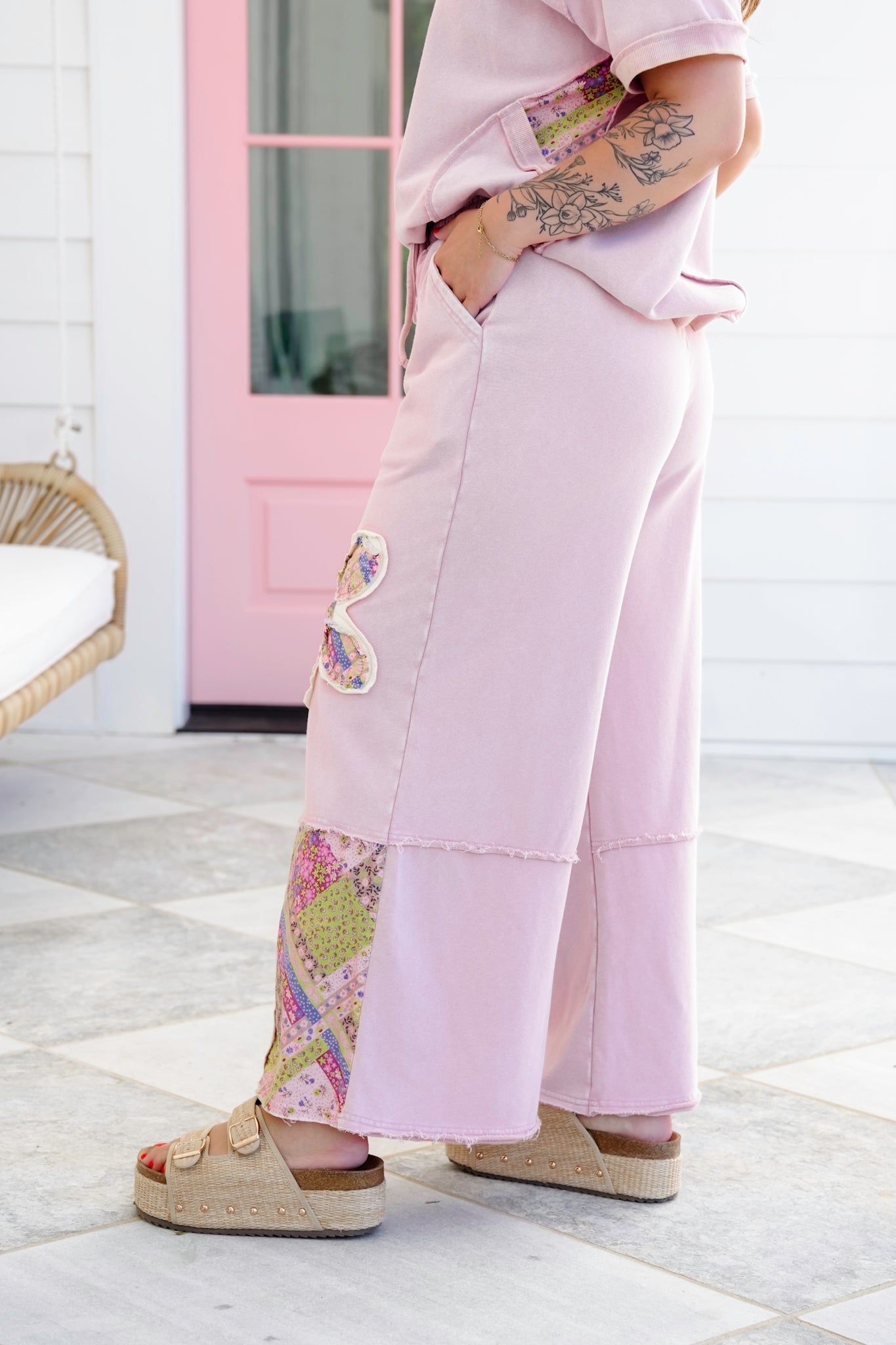 Mineral Washed Elastic Waistband Pants with Floral Patch Detail