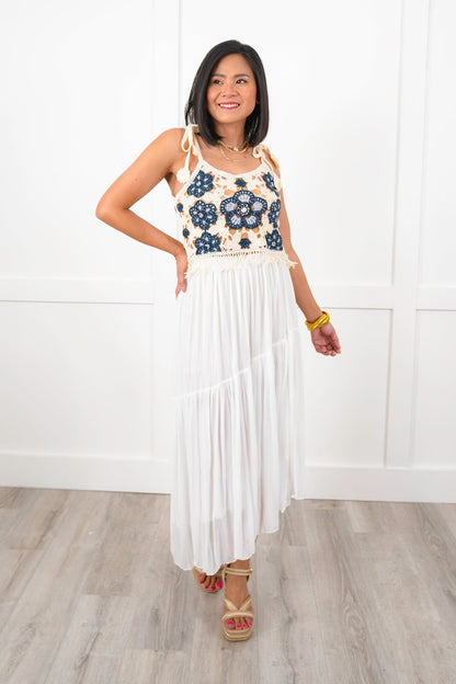 POL Floral Crochet Sleeveless Cropped Top with Fringe Detail