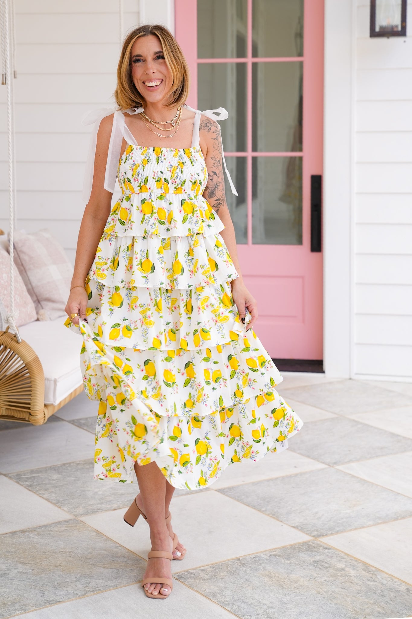 Lemon Print Sleeveless Smocked Tiered Midi Dress