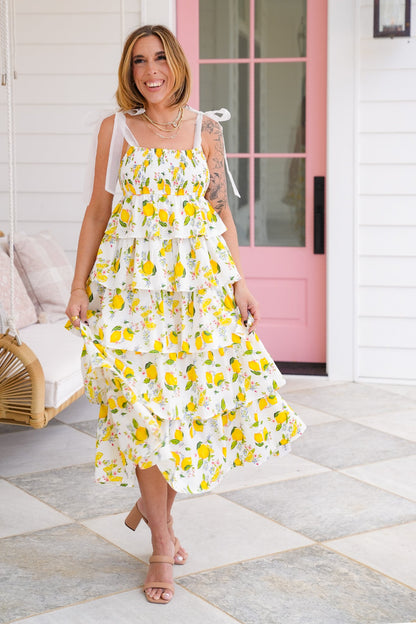 Lemon Print Sleeveless Smocked Tiered Midi Dress