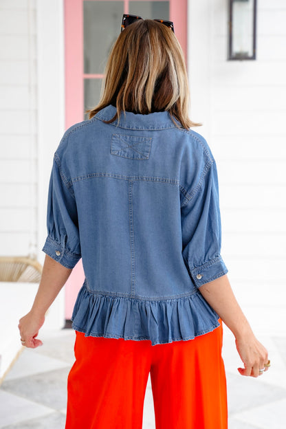 Short Sleeve Button Down Top with Ruffle Detail