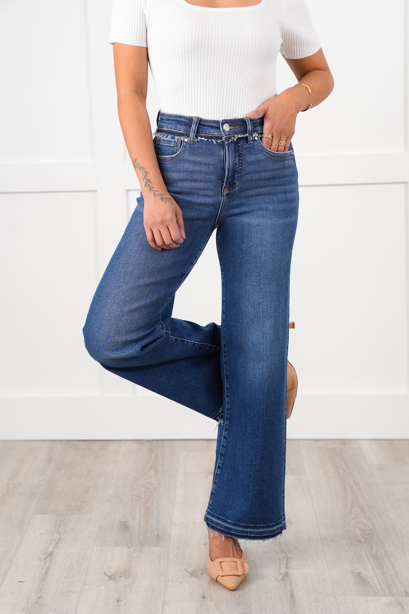 Risen High Rise Dark Wash Tummy Control Wide Leg Jeans with Released Hem