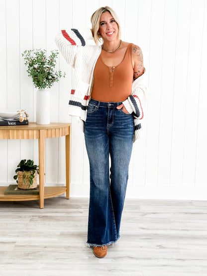 Risen Hot n Cold Vintage Dark Wash Frayed Hem Flare Jeans